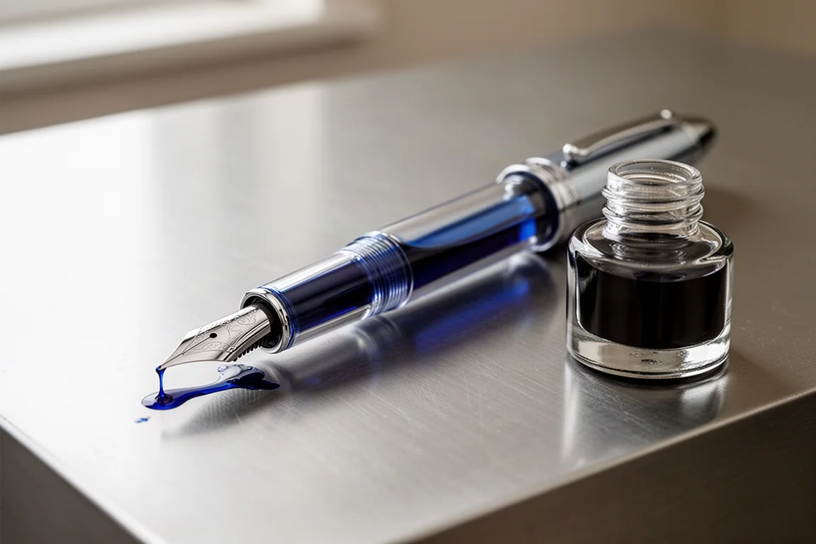 Füllfederhalter mit transparentem, mit Tinte gefülltem blauen Schaft auf einem Schreibtisch