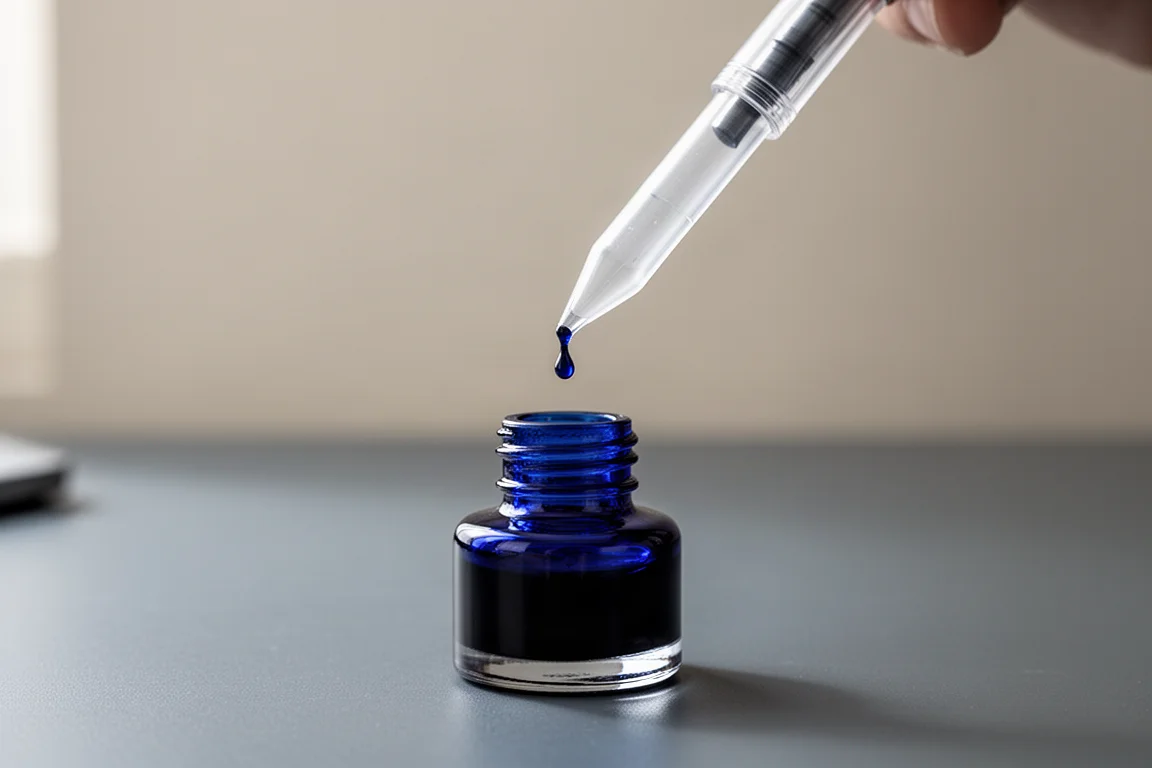 Große Kunststoffpipette und offenes Tintenfläschchen beim Befüllen des Füllers auf dem Schreibtisch