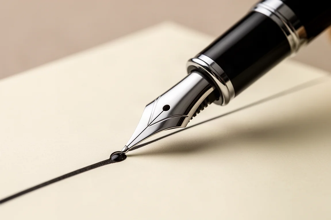 Primo piano di una piccola puntina in acciaio di una stilografica a contatto con la carta del quaderno