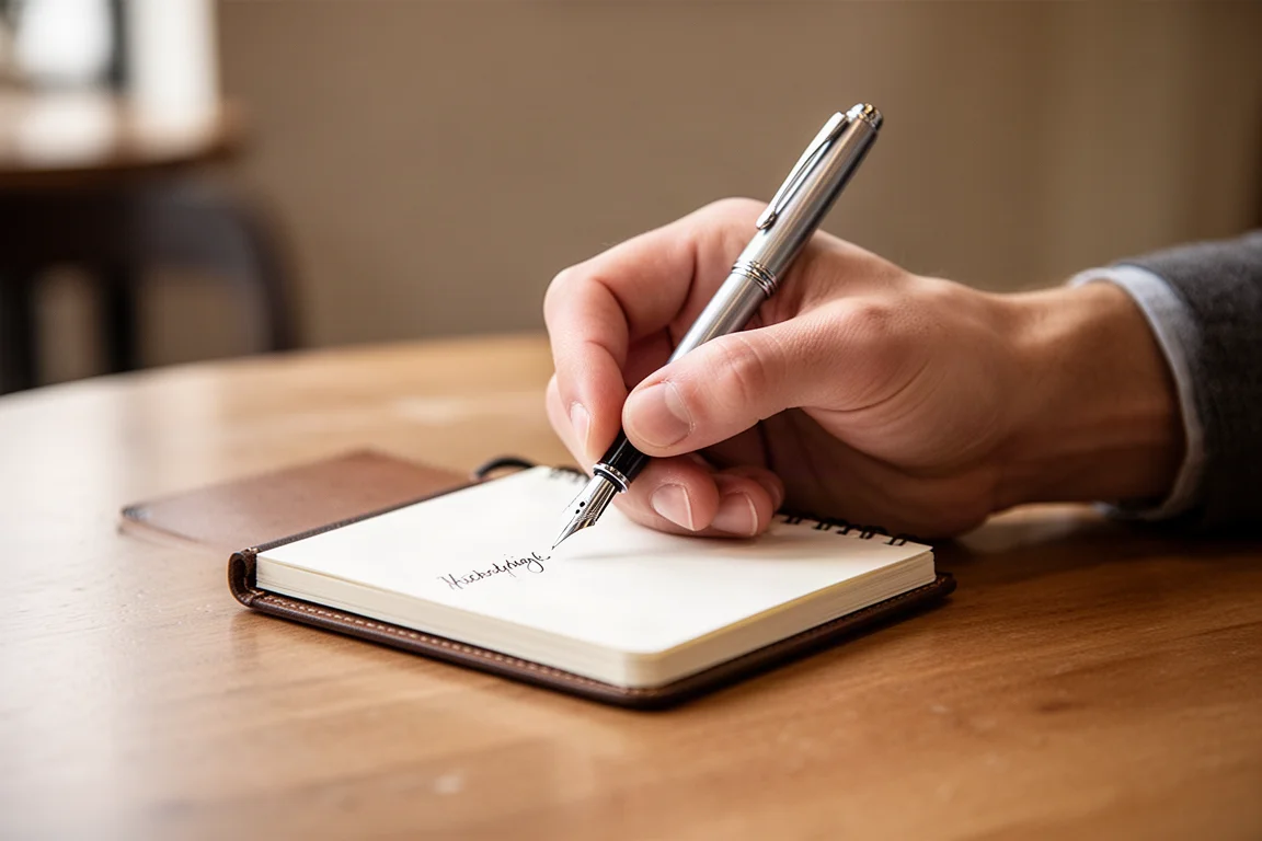 Una mano scrive una breve nota con una stilografica sottile in un piccolo quaderno