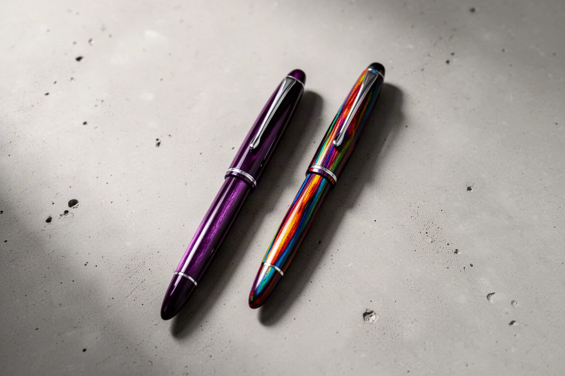 Due stilografiche con finiture laccate colorate affiancate su una scrivania