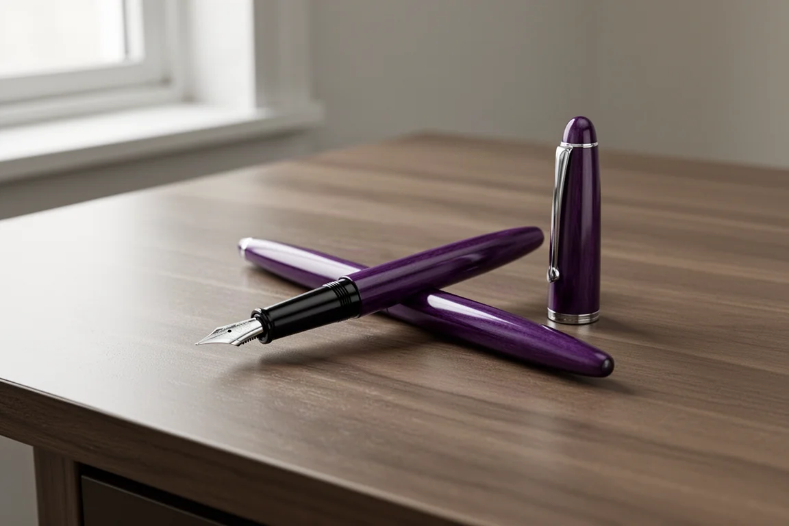Penna stilografica sottile color viola profondo appoggiata su una scrivania di legno spazzolato