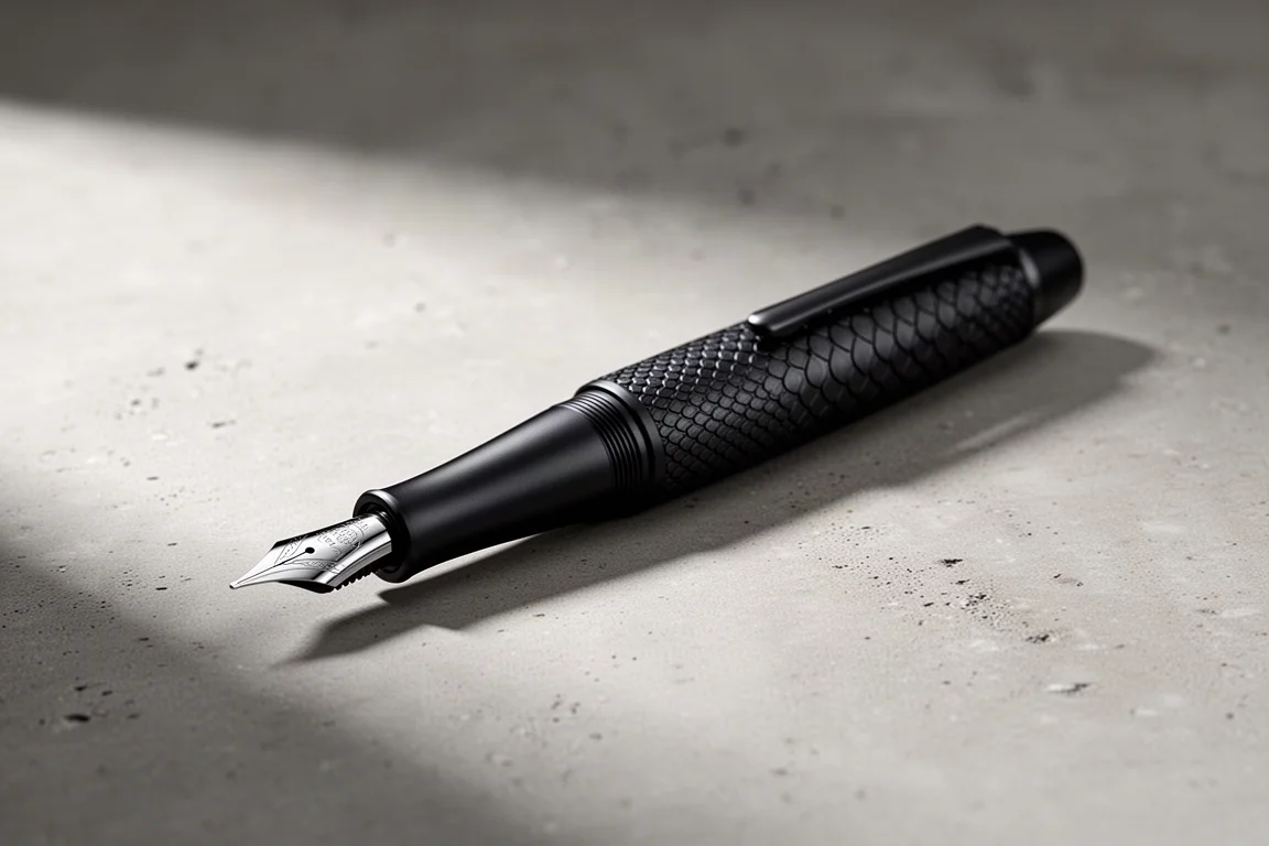 Matte black Diplomat Viper fountain pen with scale-like texture on concrete