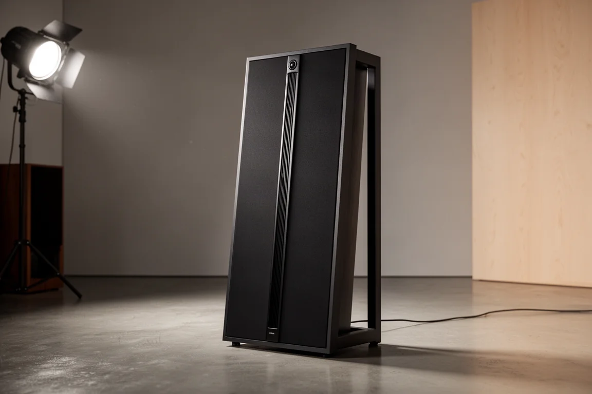 Tall matte black planar magnetic dipole panel speaker on a polished concrete floor