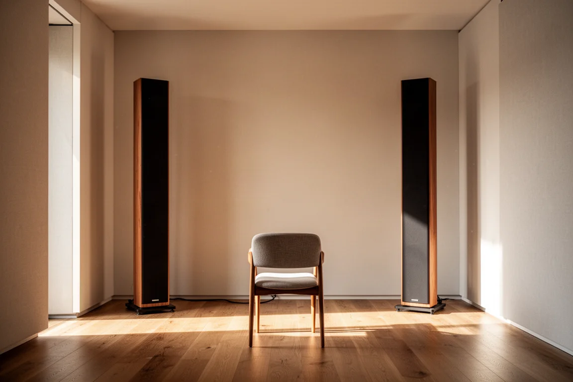 Two tall slim panel loudspeakers in a minimal listening room with soft side-wall reflections