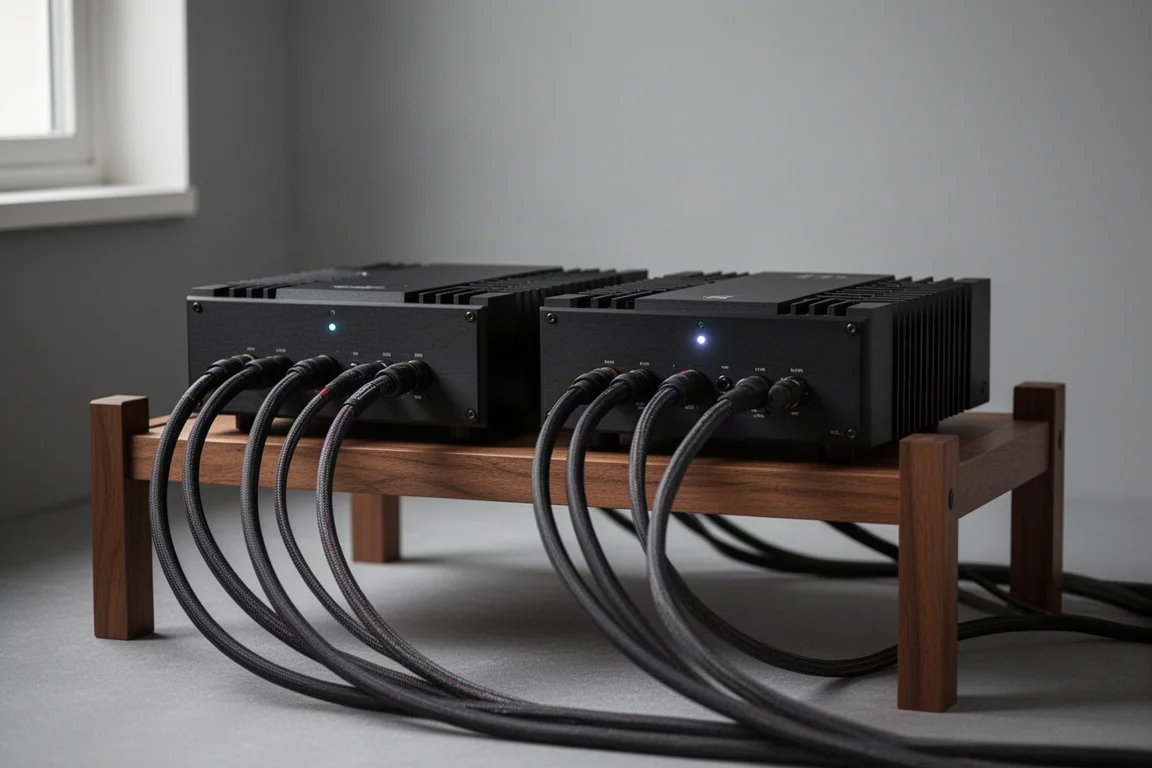 Compact monoblock amplifiers on a low rack beside thick speaker cables