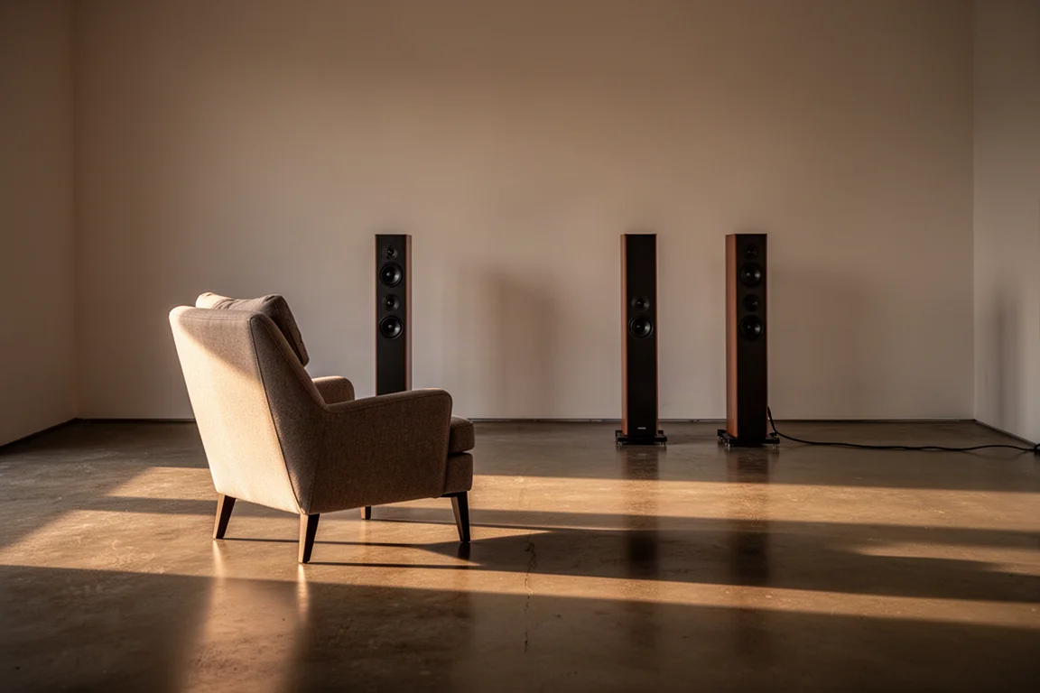 Empty listening chair facing slim panel speakers in warm evening light