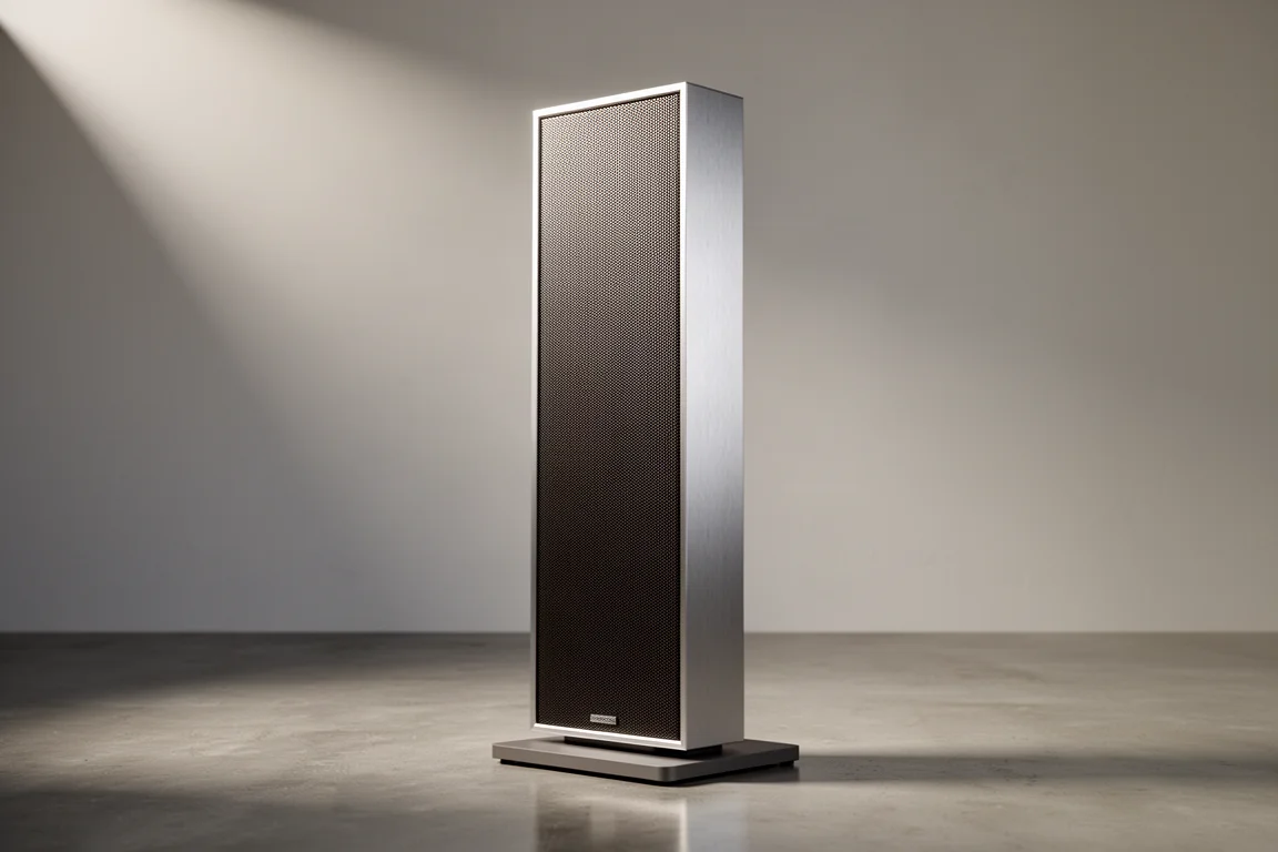 Tall slim aluminium panel loudspeaker photographed at a three-quarter angle on polished concrete