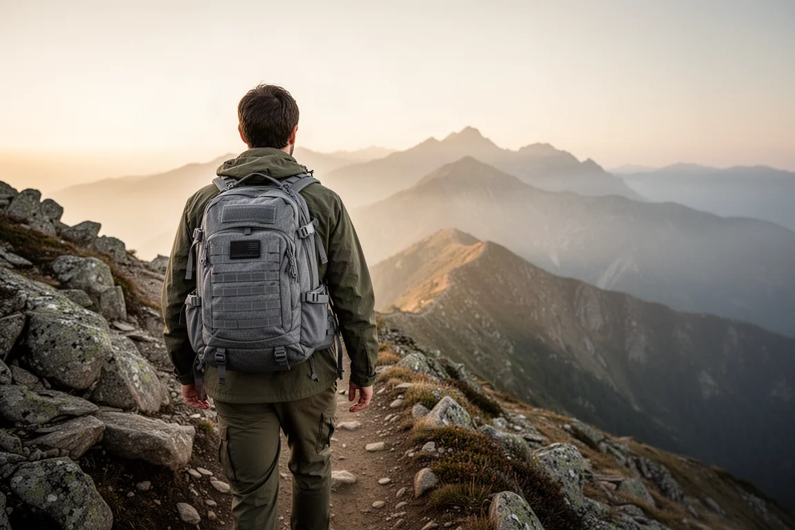 Hiker seen from behind on a rocky ridge trail wearing a gray tactical backpack