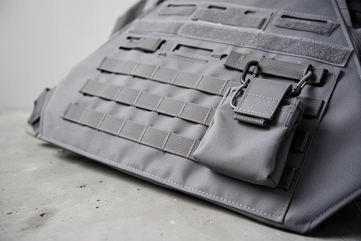 Laser cut webbing rows on gray pack fabric with a small utility pouch attached