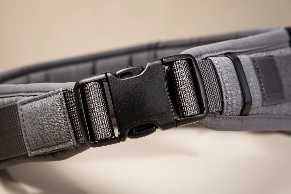 Close-up of a padded waist belt strap, buckle and strap keeper on gray pack fabric