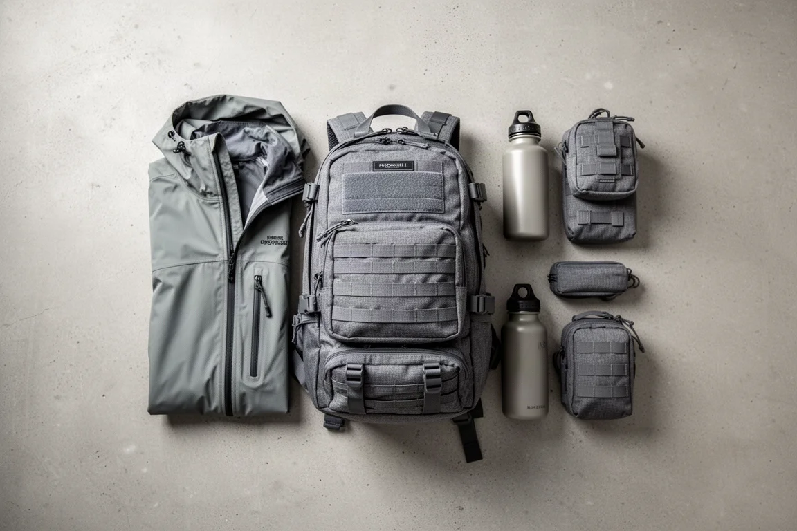 Overhead flat lay of a gray tactical backpack with jacket, water bottle and small pouches