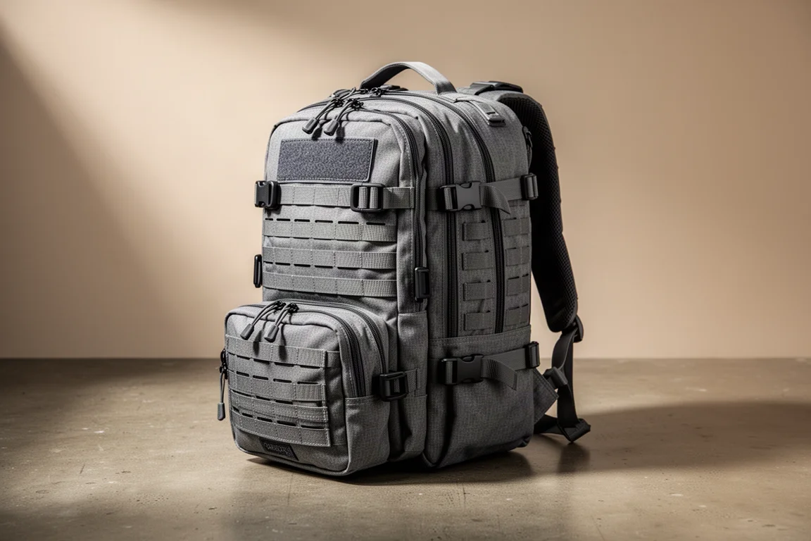 Gray tactical backpack with detachable front pouch on a matte concrete surface