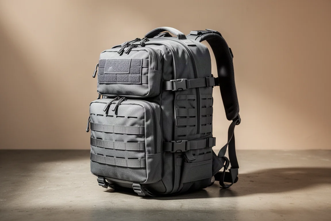 Grey tactical backpack with front pouch photographed on a concrete surface