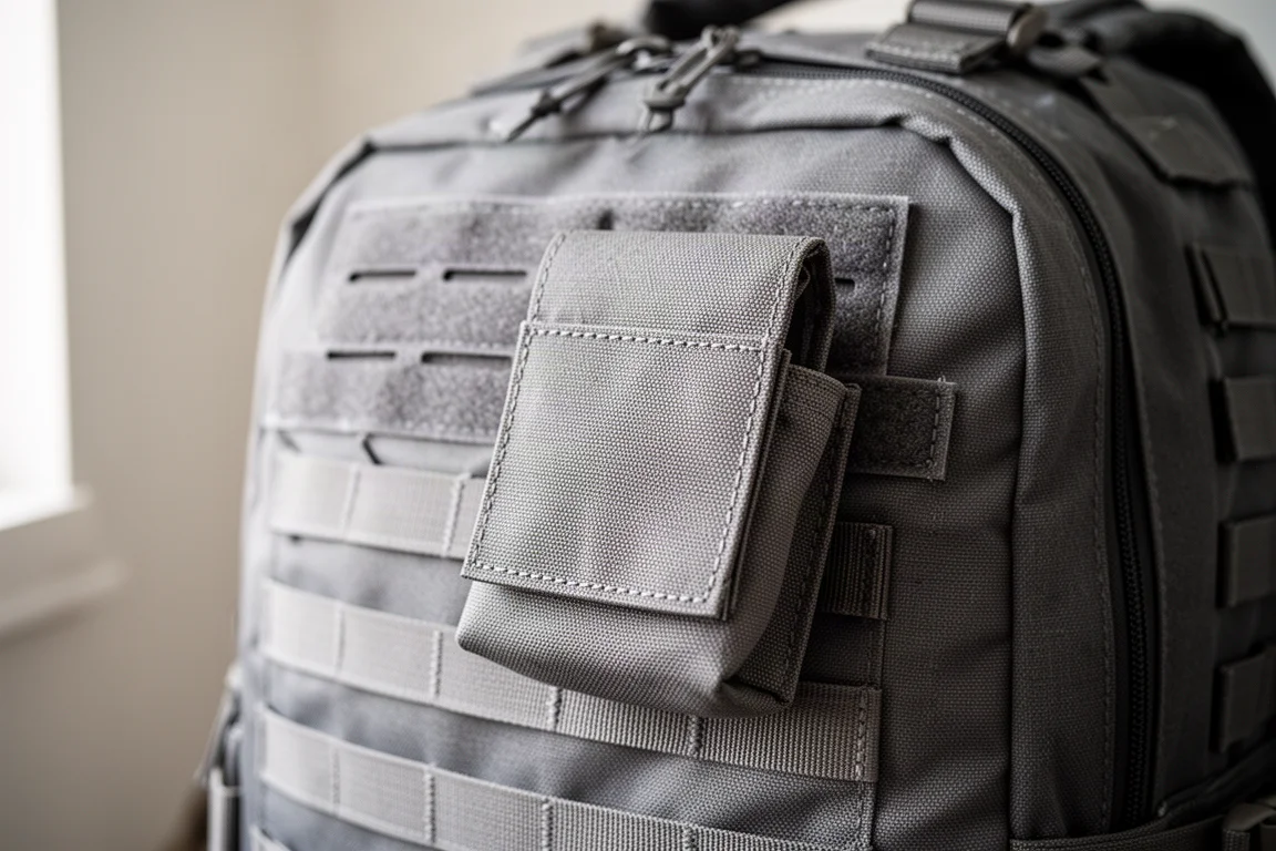 Close-up da fita MOLLE de corte a laser em uma mochila cinza com um pequeno bolso utilitário acoplado
