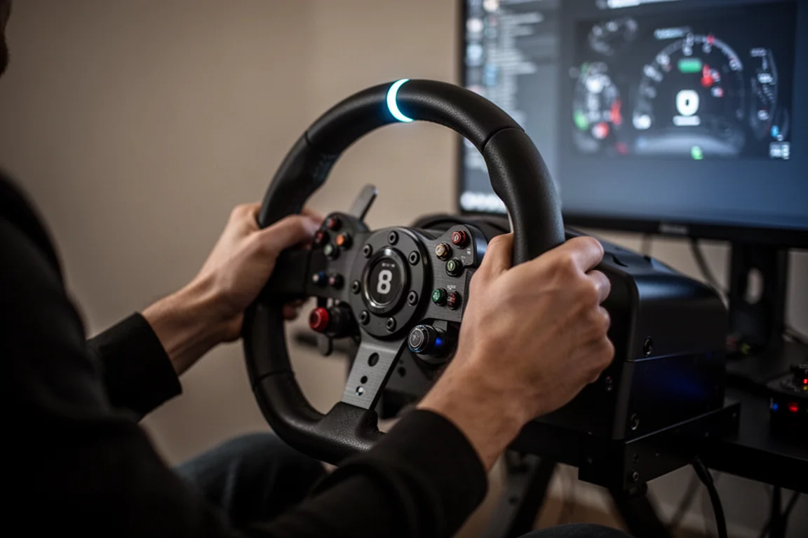 薄暗い部屋でダイレクトドライブホイールを握るシミュレーターレーサーの手