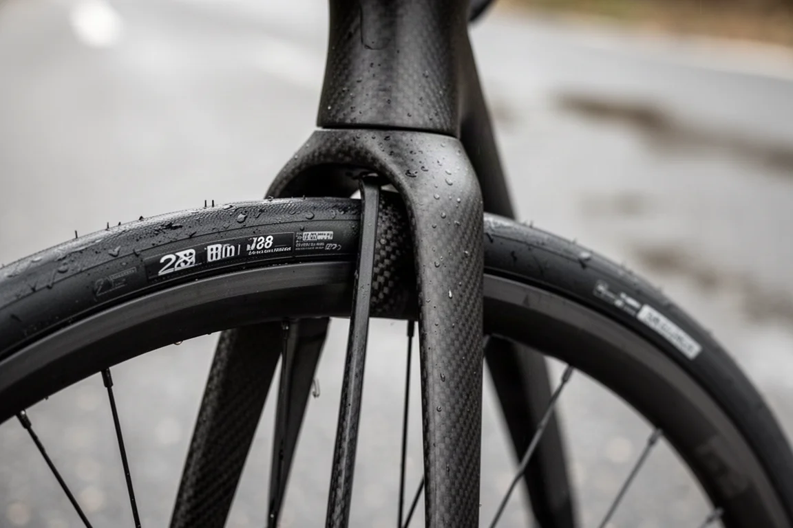 Primer plano del estrecho hueco para el neumático en la horquilla de una bicicleta de carretera