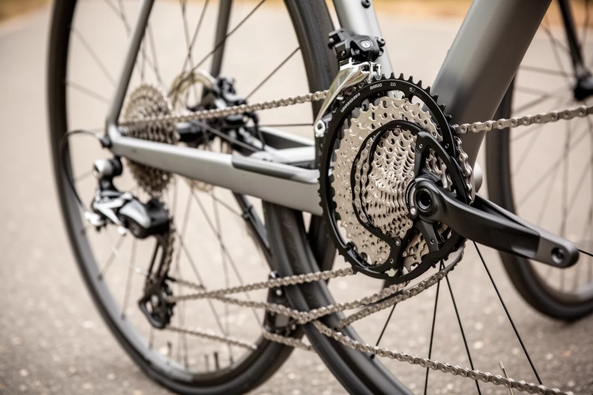 Detalle de la transmisión de un solo plato en una bicicleta de carretera con desviador trasero