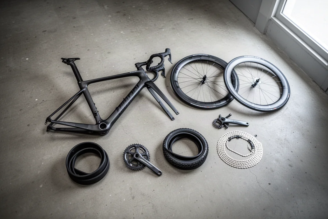 Componentes de bicicleta de carretera dispuestos sobre el suelo de hormigón de un taller