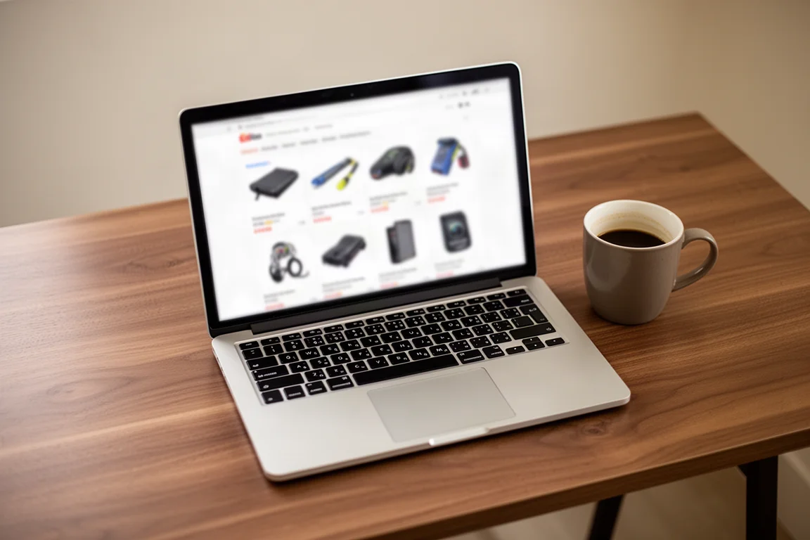 Une personne consultant le site web d'un distributeur d'outils sur un ordinateur portable à son bureau