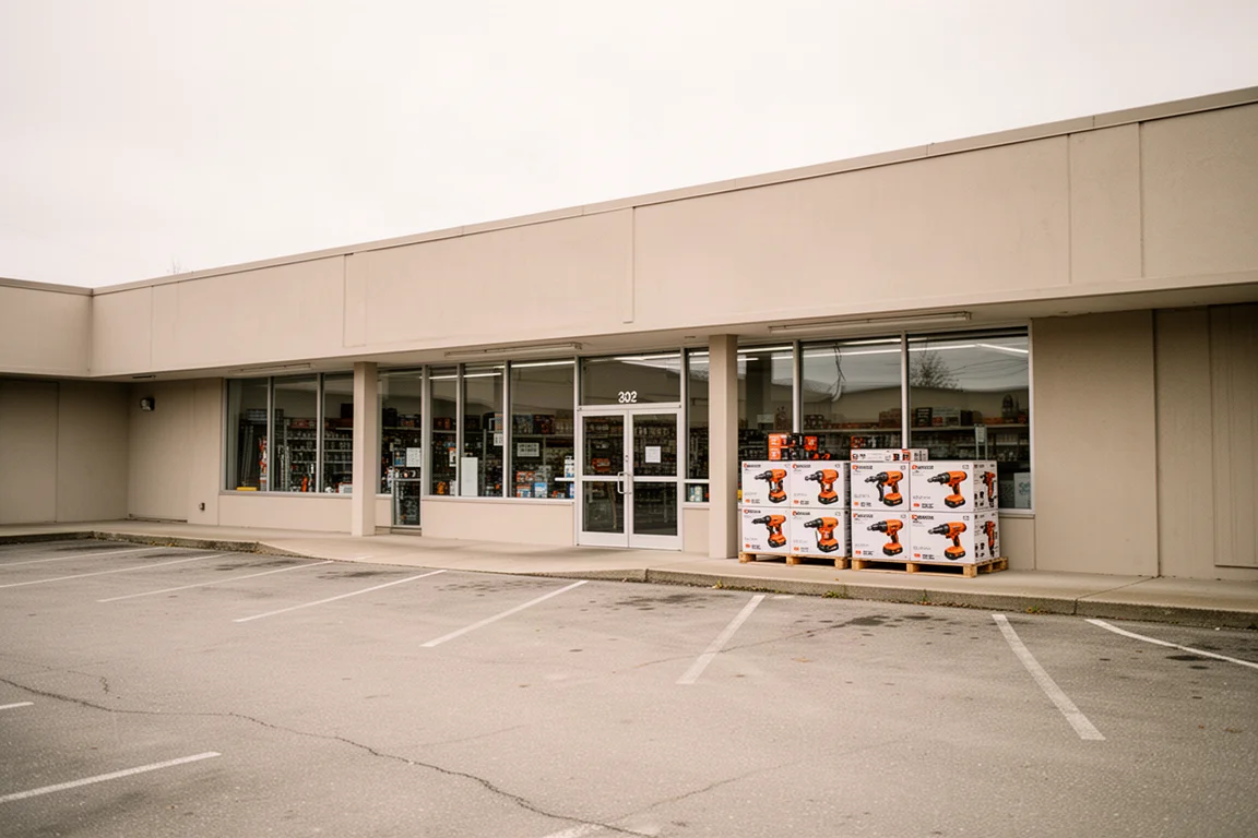 Extérieur d'un petit magasin de débarras d'outils avec un parking par temps couvert