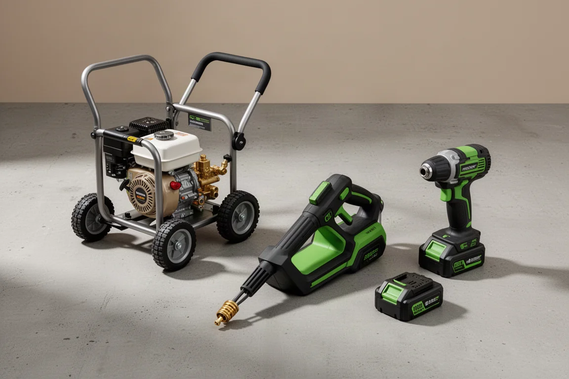 Assortiment d'outils électriques sans fil et à essence disposés sur une surface en béton