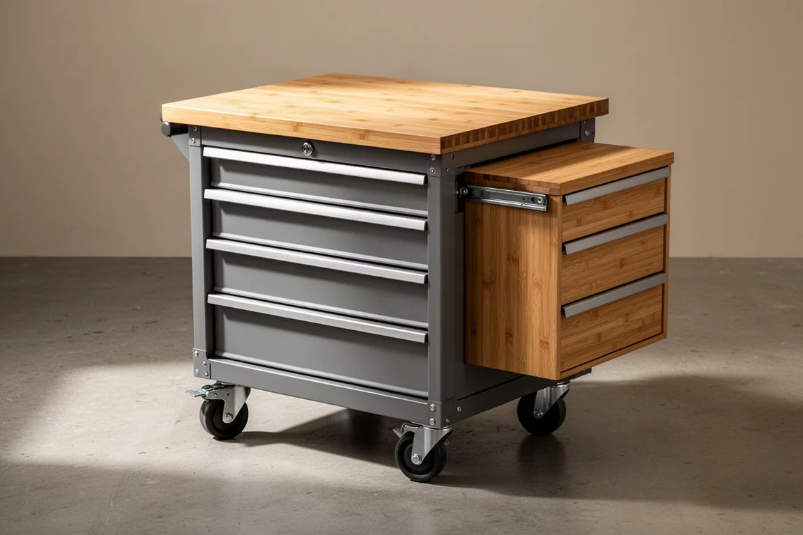 Rolling stack tool cart with bamboo worktop and side-mounted bamboo drawer in a workshop