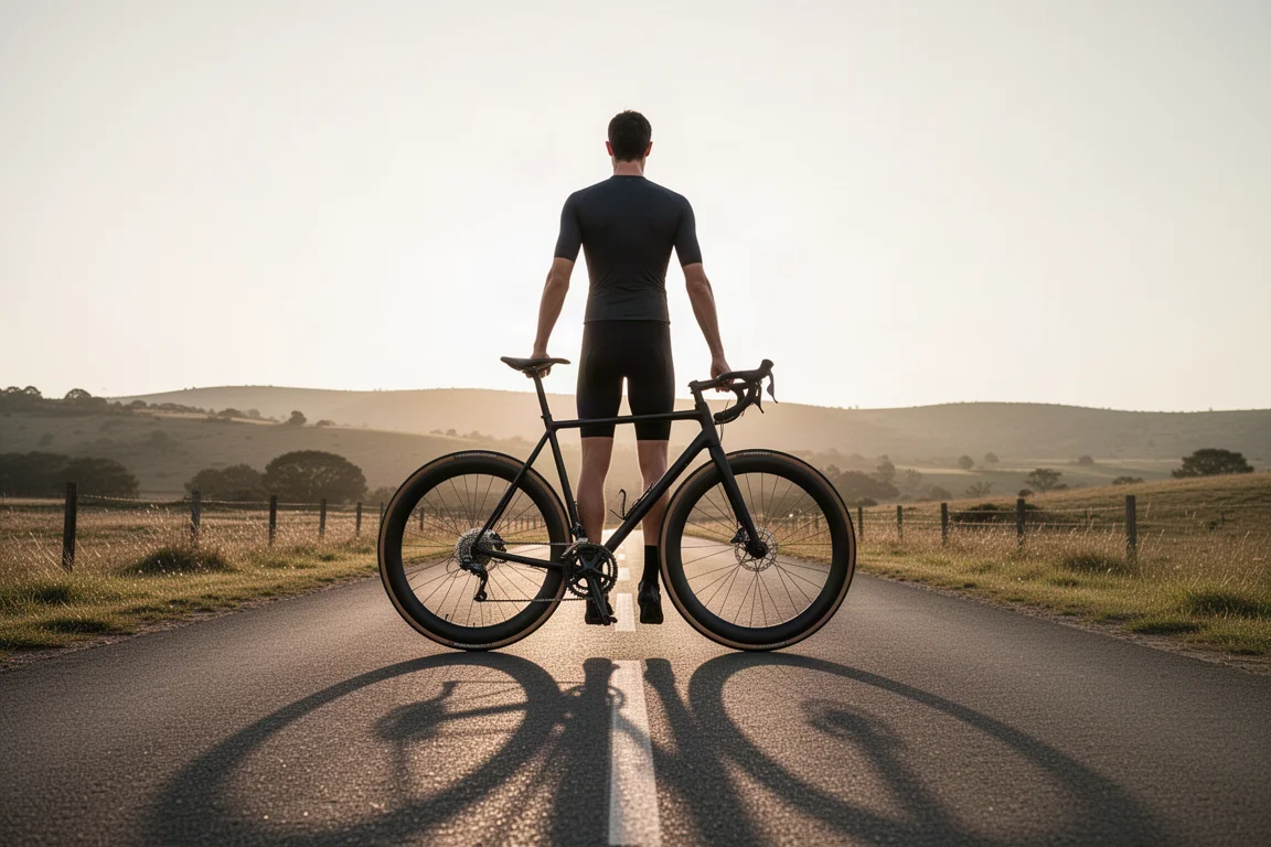 Ciclista alto ao lado de uma bicicleta superdimensionada em uma estrada aberta