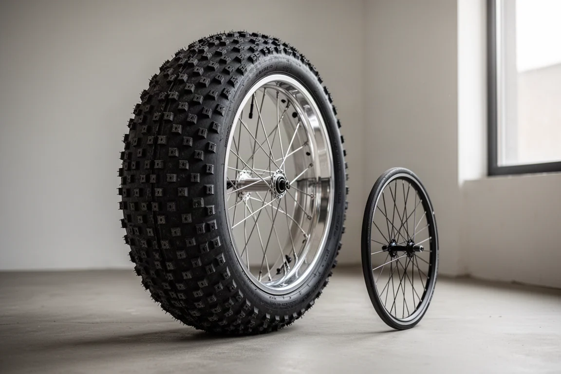 Detalhe próximo de uma roda de bicicleta superdimensionada com pneu de perfil alto