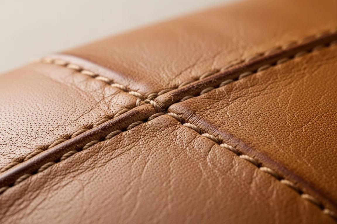 Nahaufnahme von tanfarbenem Full-Grain-Leder mit natürlicher Grain-Struktur