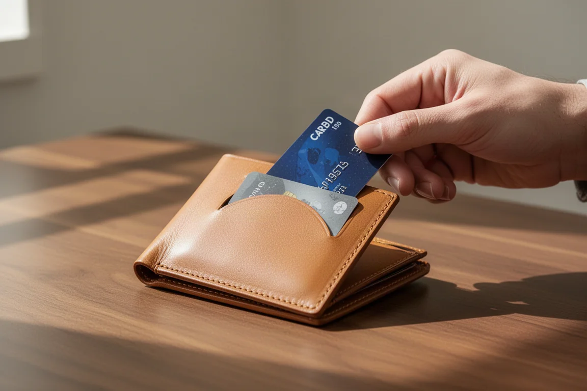 Hände schieben eine Karte in die Schnellzugriffstasche auf der Rückseite einer Lederbrieftasche