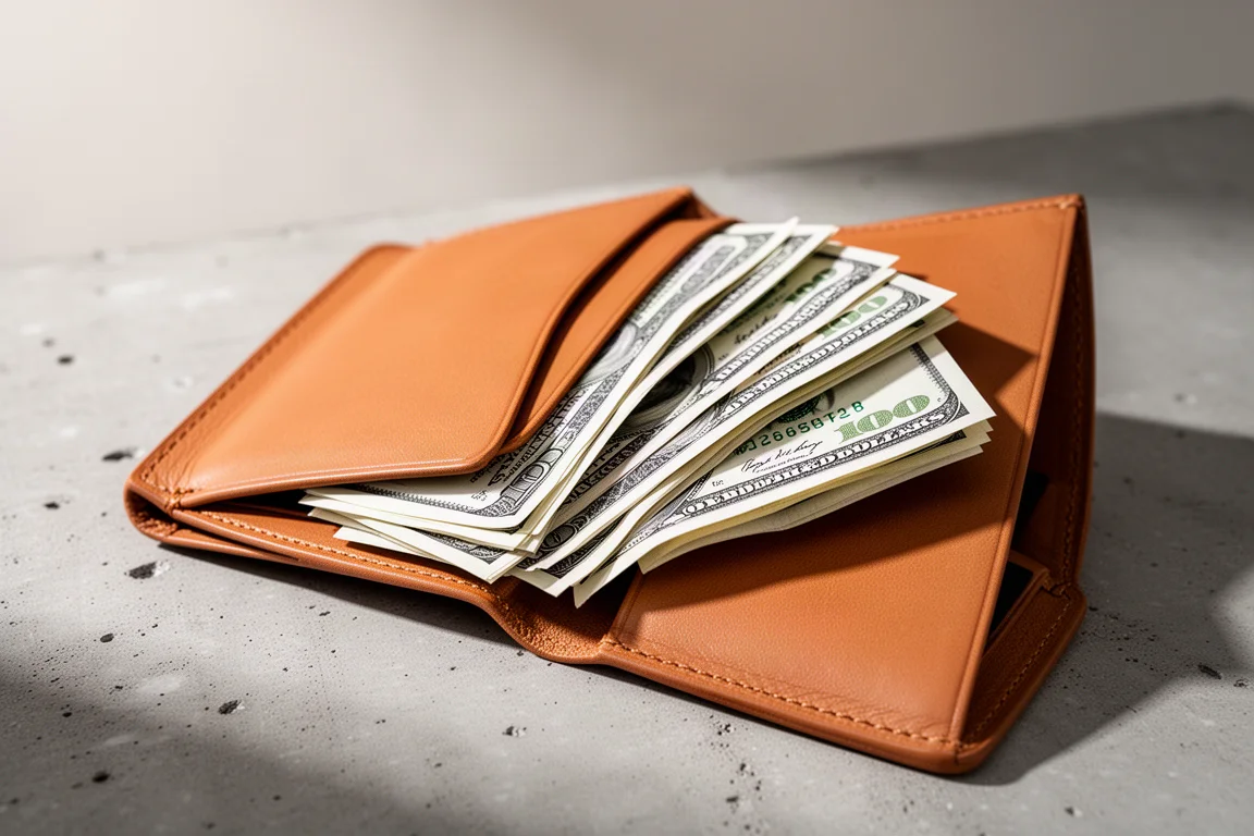Gefaltete Geldscheine unter der inneren Bargeldklappe einer Lederbrieftasche verstaut