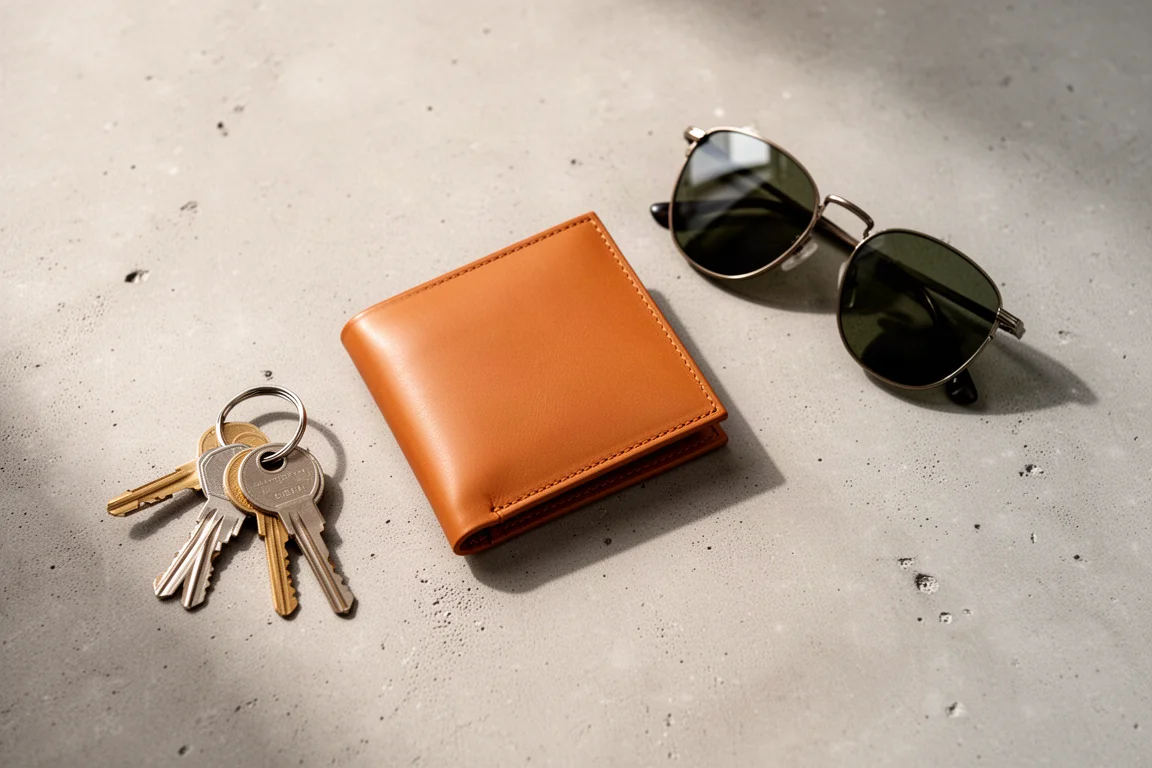 Schlanke minimalistische Geldbörse flach auf einem Schreibtisch neben Everyday-Carry-Items