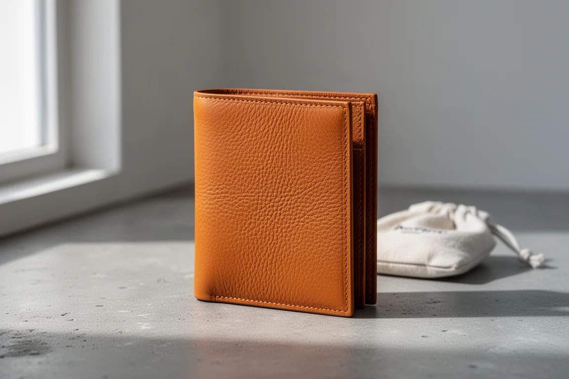 Closed tan full grain leather bifold wallet on a concrete surface