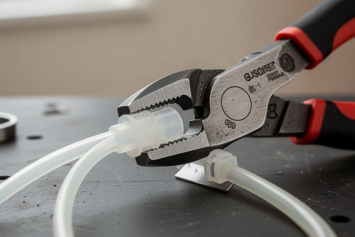 Close-up of disconnect plier jaws engaging a fuel line connector