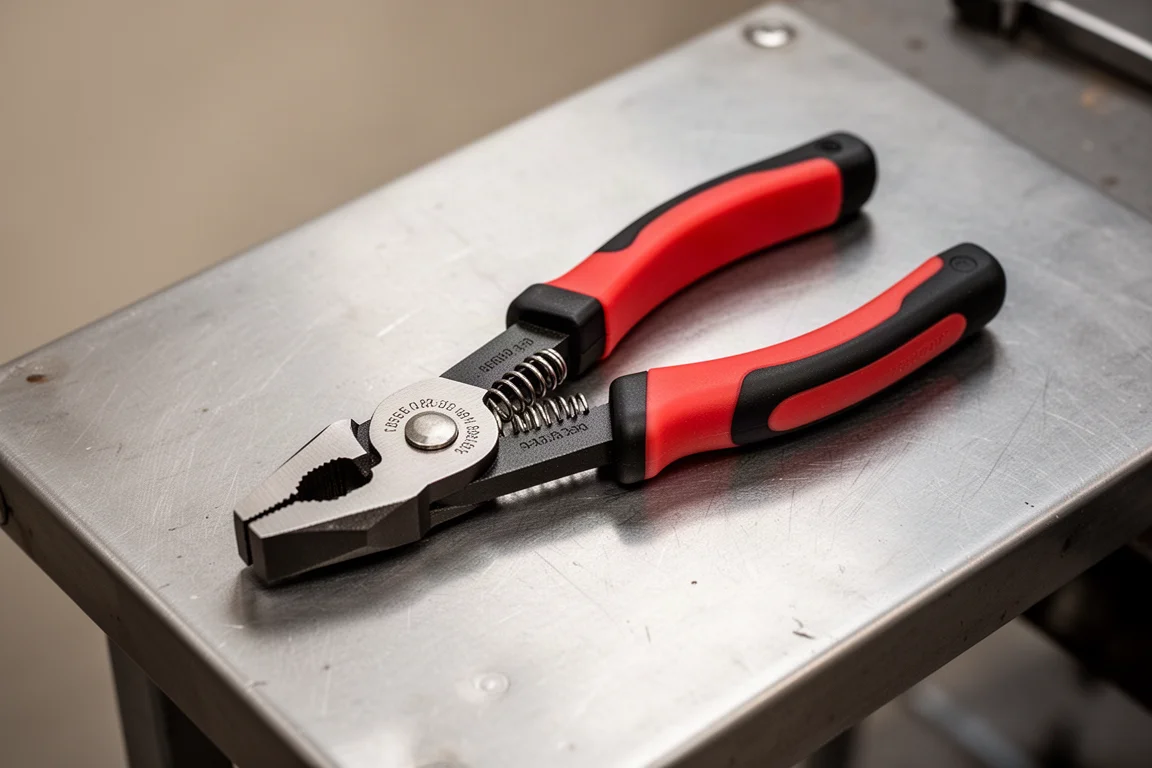 Disconnect plier handles with vinyl and overmolded grips on a bench