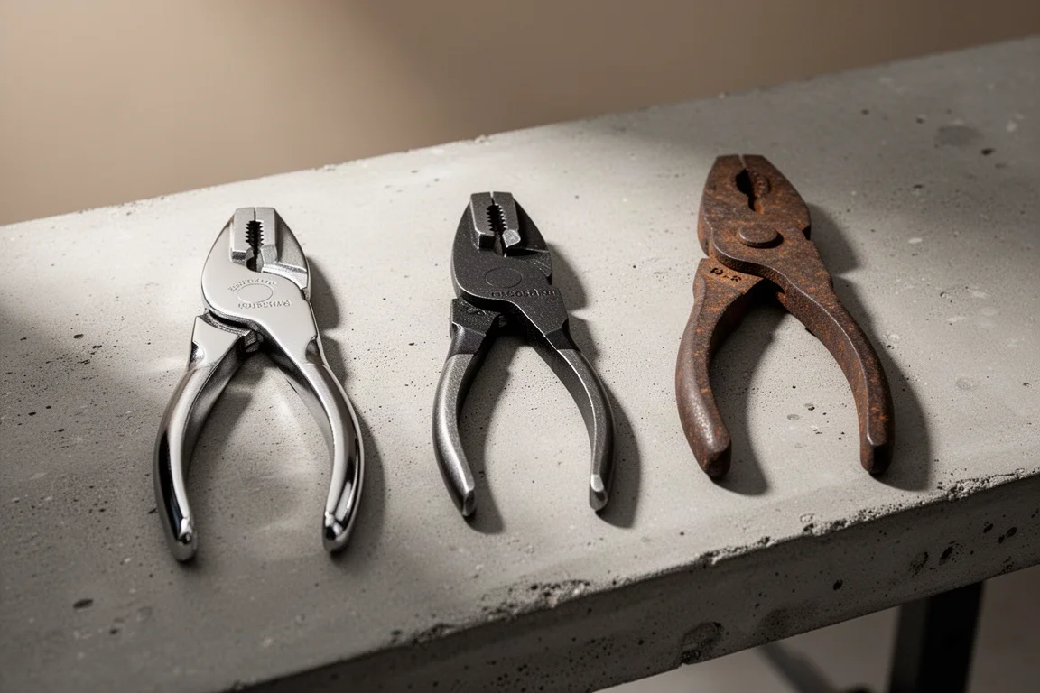 Three tiers of disconnect pliers laid side by side on a workbench