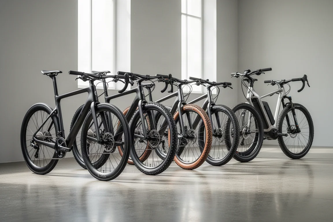 Rad av landsvägs-, grus- och elcyklar i en ljus, minimalistisk utställningslokal
