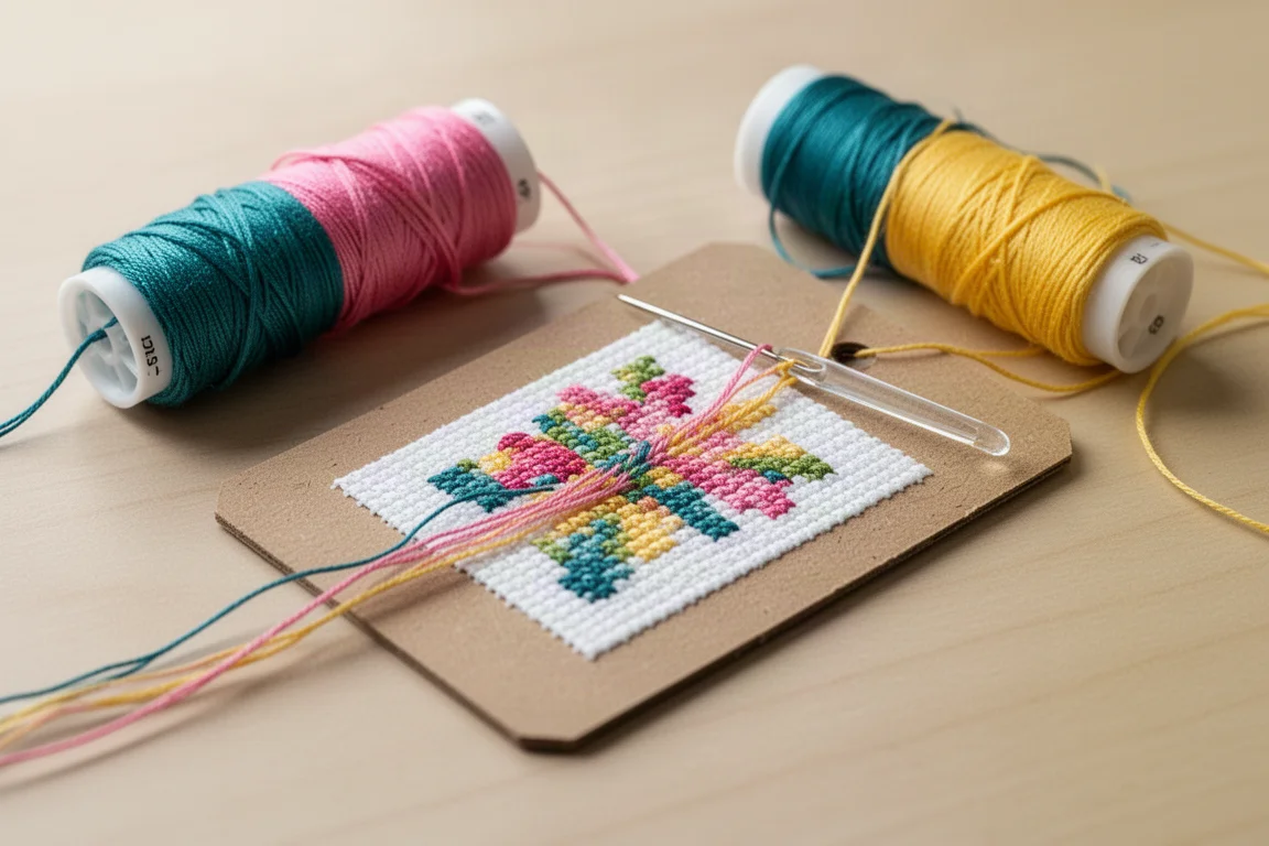 Cross stitch project in progress on cardboard with embroidery thread
