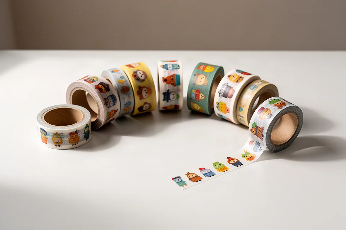 Rolls of decorative washi tape arranged on a desk