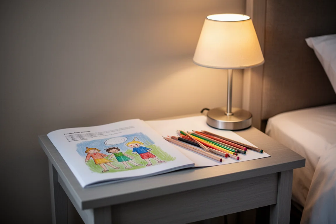 Person relaxing in a hotel room coloring a page in the evening
