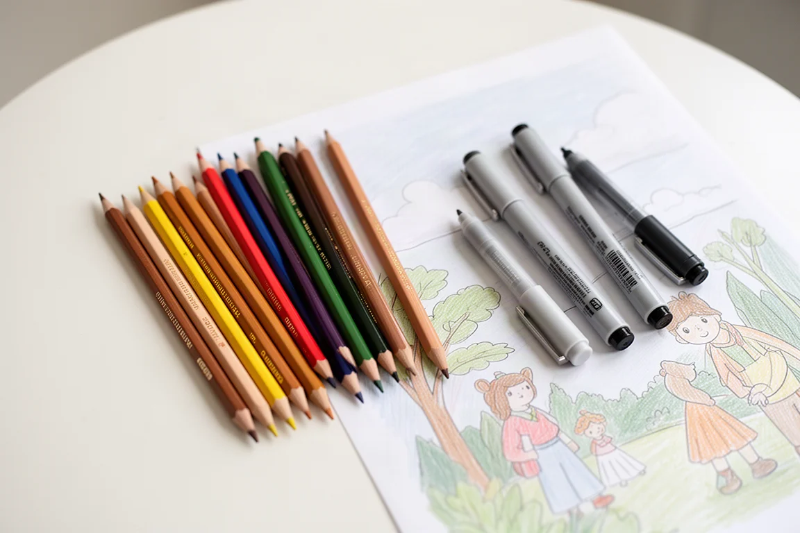 Colored pencils and markers laid out on a table next to a coloring page