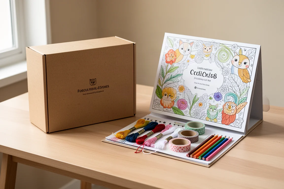 Scatola di kit artistico a tema Disney e cartella del kit da coloritura su una scrivania in legno