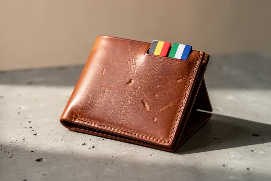 Brown full grain leather bifold wallet with color-coded pull tabs on concrete