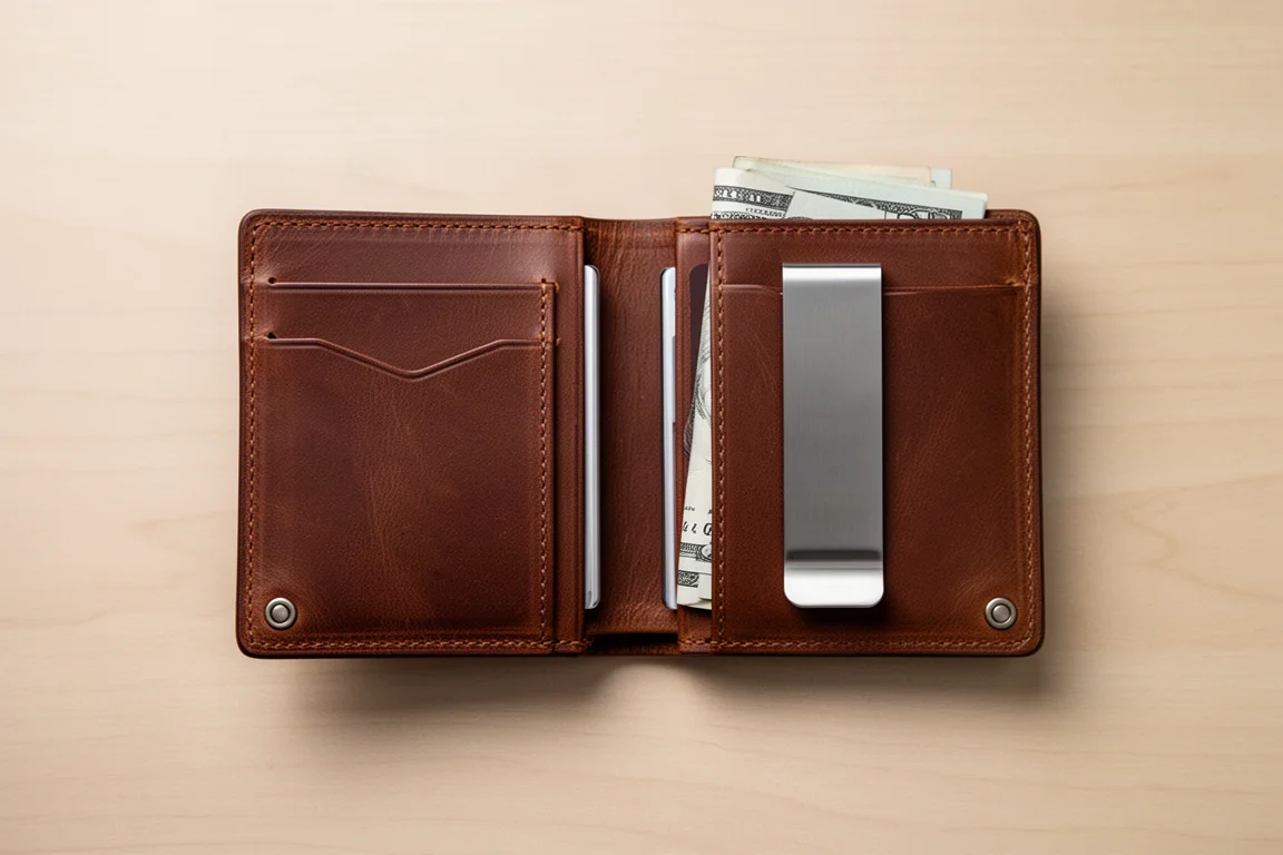 Bifold wallet open to reveal internal card pockets and stainless steel money clip