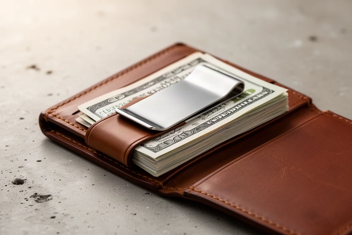 Stainless steel money clip in a leather wallet holding unfolded bills