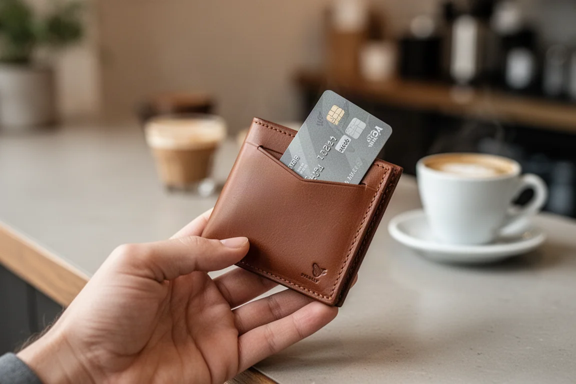 Person pulling a card from a wallet's quick-access pocket at a cafe counter