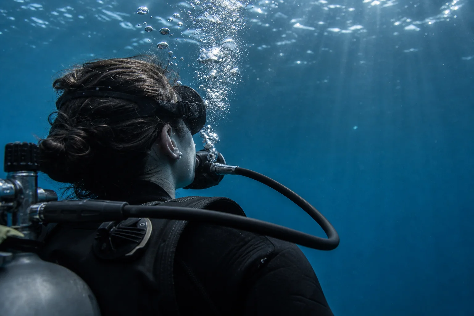Scuba diver underwater with regulator in mouth and rising bubbles