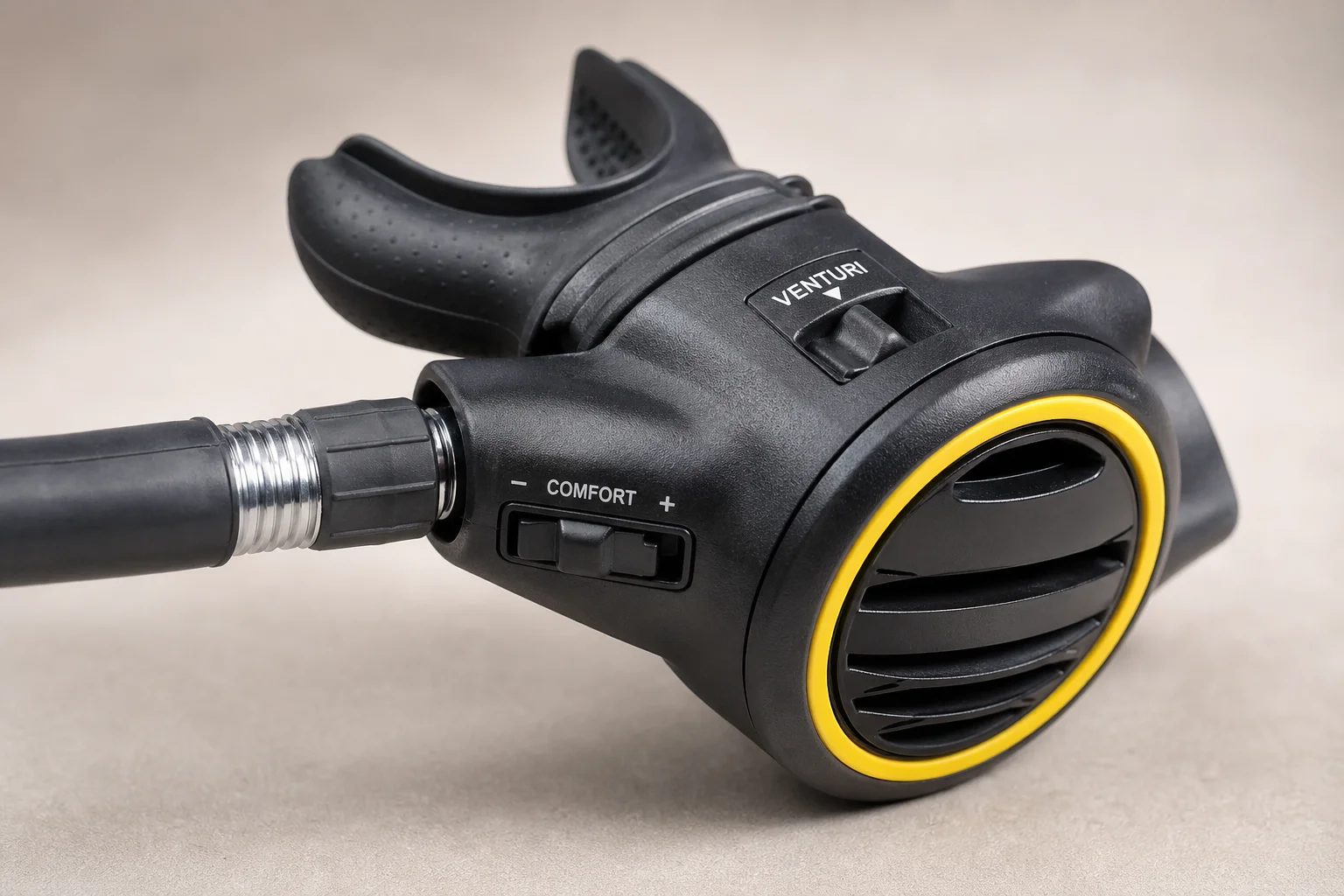 Close-up of regulator second stage mouthpiece with adjustment features visible