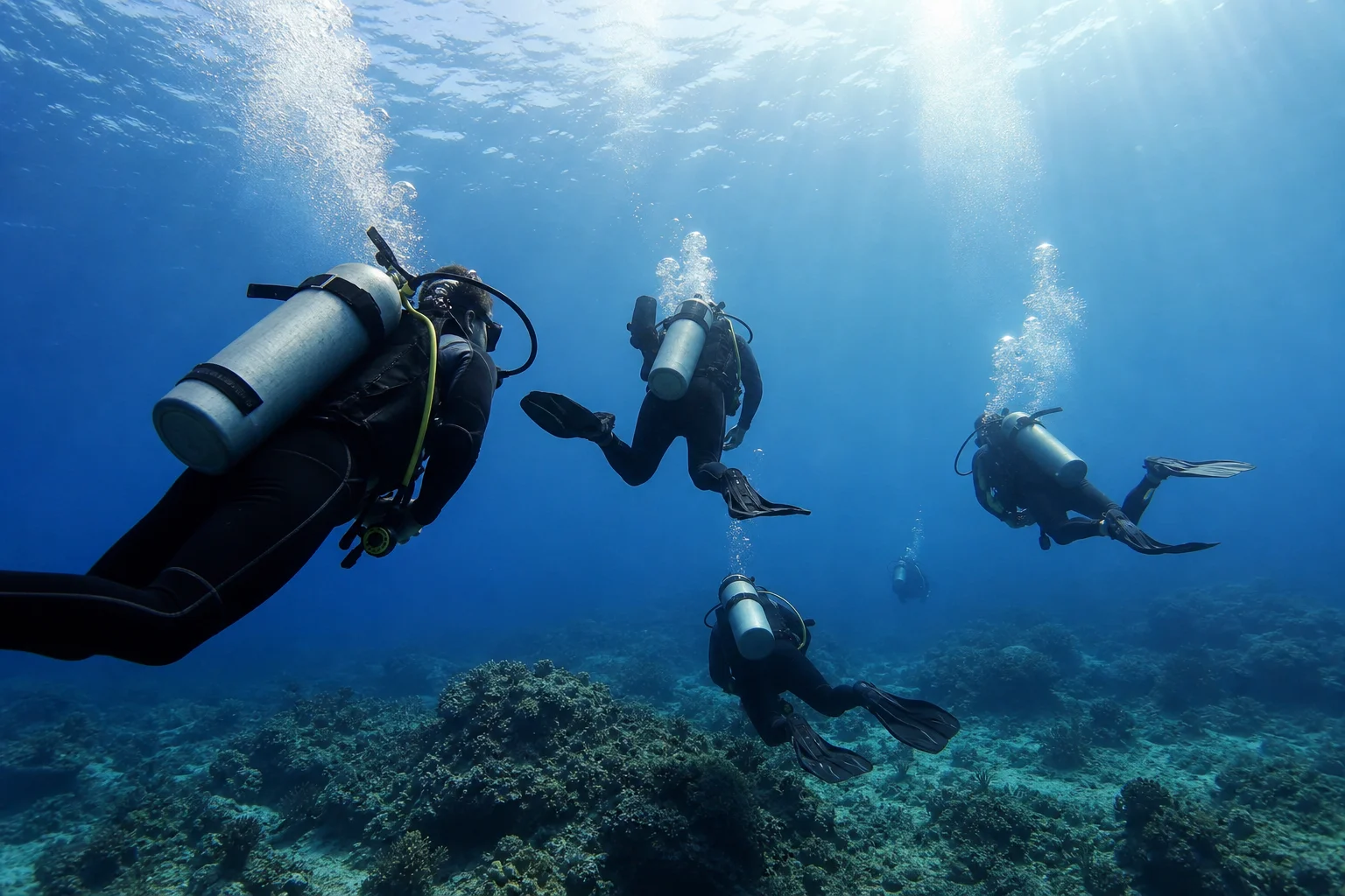 Group of scuba divers in tropical water with complete regulator setups
